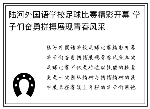 陆河外国语学校足球比赛精彩开幕 学子们奋勇拼搏展现青春风采