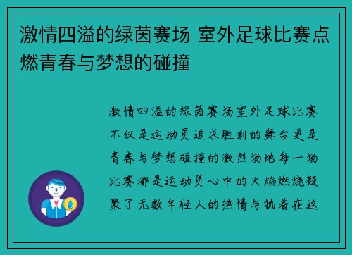 激情四溢的绿茵赛场 室外足球比赛点燃青春与梦想的碰撞