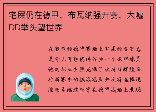 宅屎仍在德甲，布瓦纳强开赛，大嘘DD举头望世界