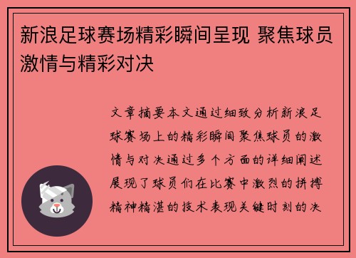 新浪足球赛场精彩瞬间呈现 聚焦球员激情与精彩对决