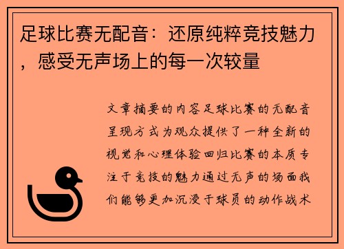 足球比赛无配音：还原纯粹竞技魅力，感受无声场上的每一次较量