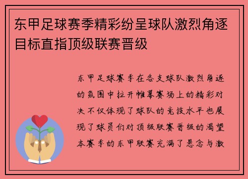 东甲足球赛季精彩纷呈球队激烈角逐目标直指顶级联赛晋级