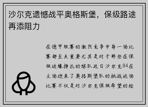 沙尔克遗憾战平奥格斯堡，保级路途再添阻力