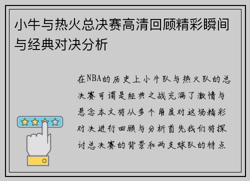 小牛与热火总决赛高清回顾精彩瞬间与经典对决分析
