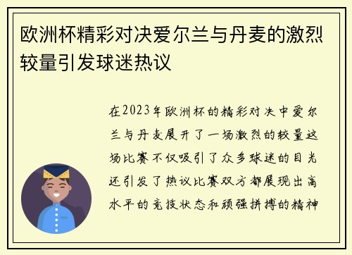 欧洲杯精彩对决爱尔兰与丹麦的激烈较量引发球迷热议
