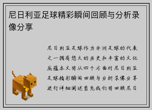 尼日利亚足球精彩瞬间回顾与分析录像分享