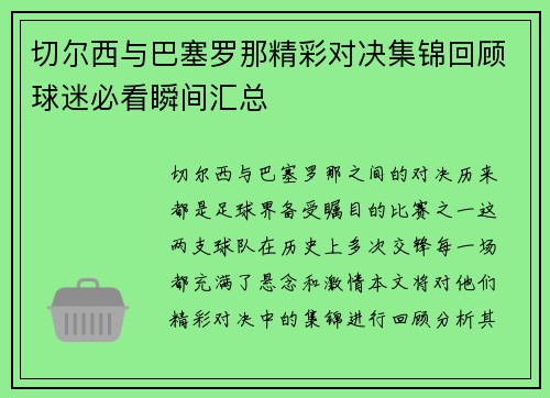 切尔西与巴塞罗那精彩对决集锦回顾球迷必看瞬间汇总