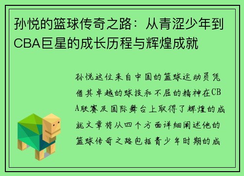 孙悦的篮球传奇之路：从青涩少年到CBA巨星的成长历程与辉煌成就