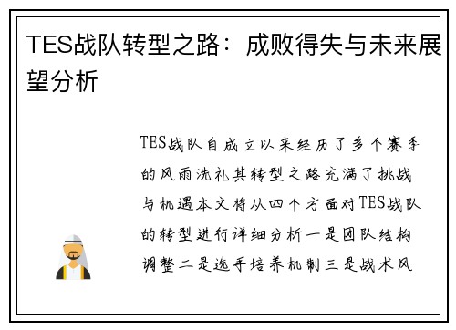 TES战队转型之路：成败得失与未来展望分析