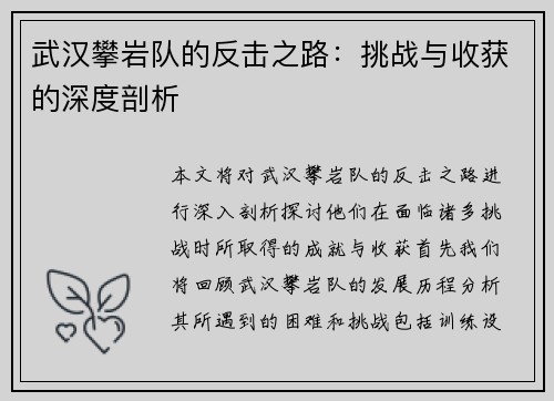武汉攀岩队的反击之路：挑战与收获的深度剖析